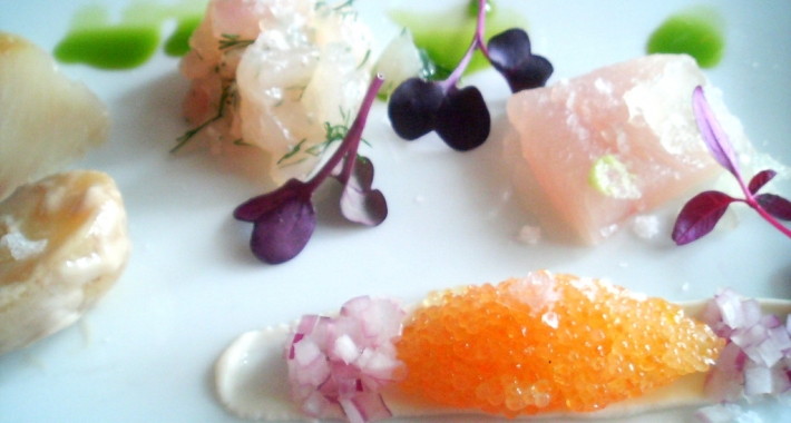 Lavaret, roe, sashimi, tartar and cold smoked